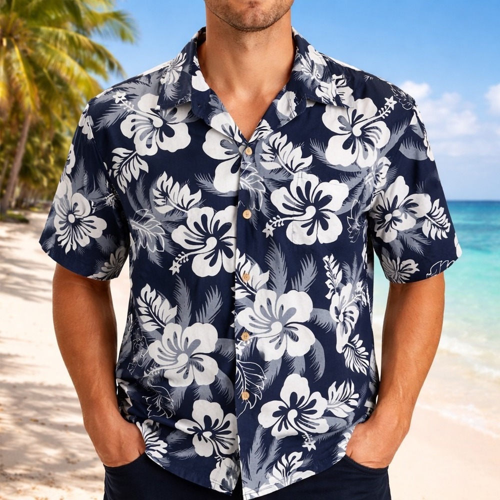Ali'i Fashions Hawaiian Aloha Shirt XL Floral Hibiscus‎ Flowers Black Blue White